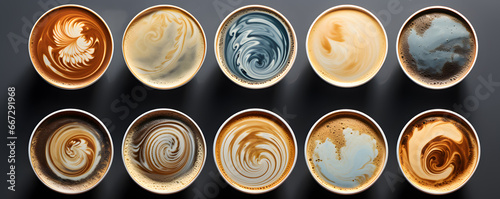 top view close up of assorted variety beautiful latte art designs on coffee cappuccino cups