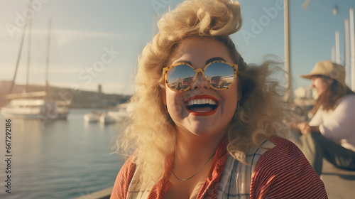 happy plus size woman with sunglasses smiling and having fun on vacation by the sea in Italy © fraudiana