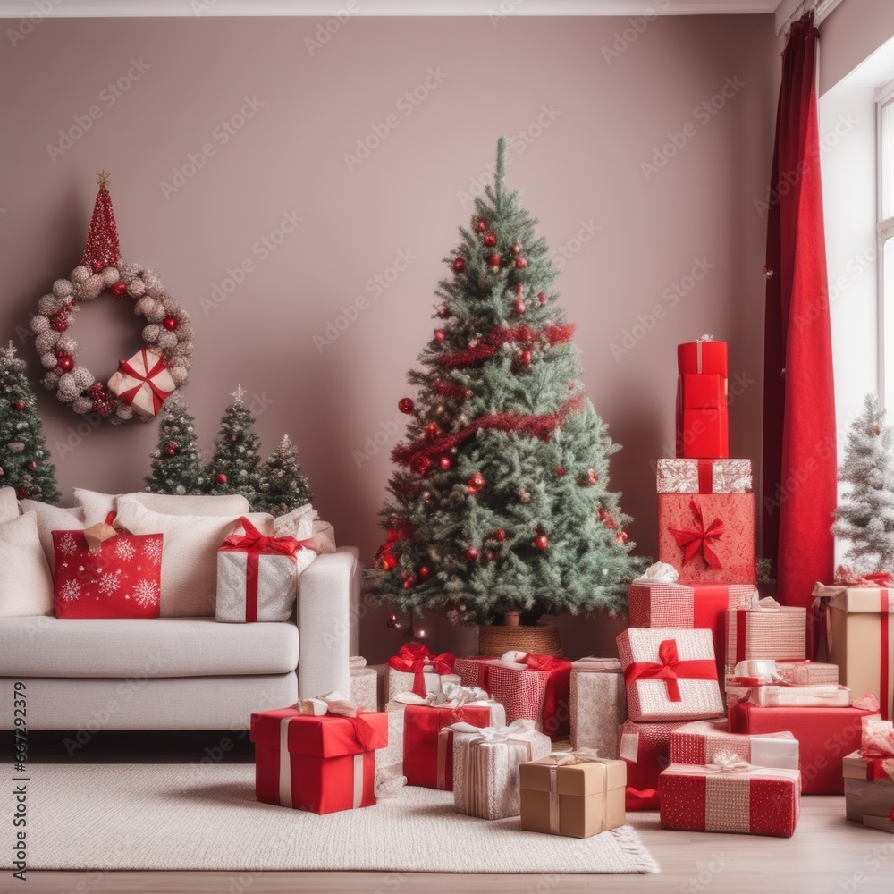 A cozy, luxurious, and modern living room interior with gift boxes under a decorated Christmas tree A cozy, luxurious, and modern living room interior with gift boxes under a decorated Christmas tree
