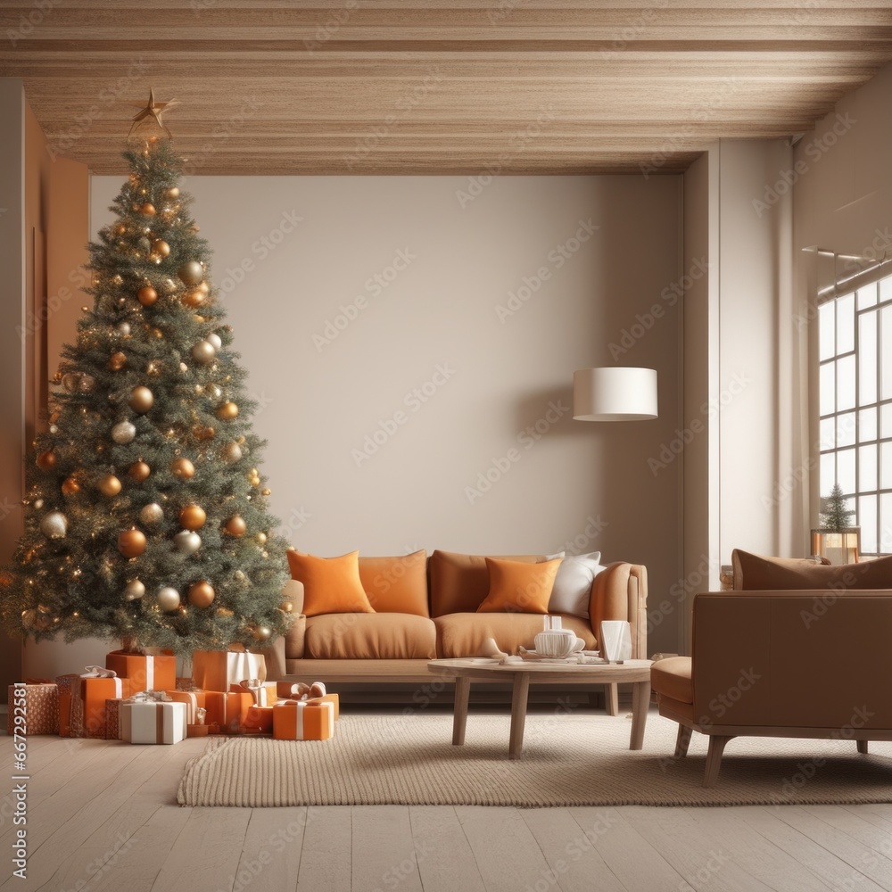 A cozy, luxurious, and modern living room interior with gift boxes under a decorated Christmas tree A cozy, luxurious, and modern living room interior with gift boxes under a decorated Christmas tree