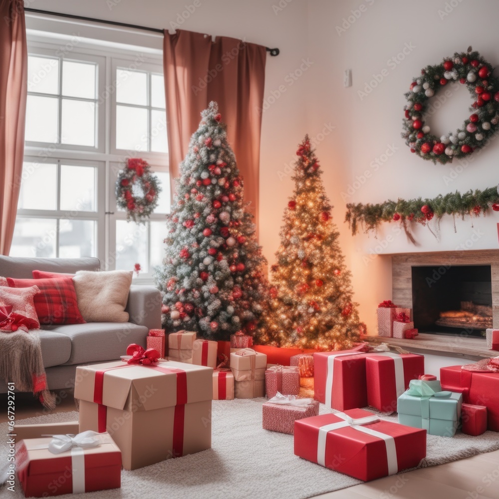 Obraz premium A cozy, luxurious, and modern living room interior with gift boxes under a decorated Christmas tree