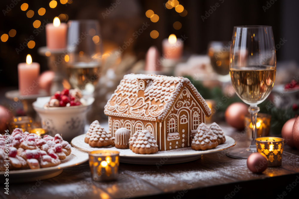 Little gingerbread house with glaze standing on dinner table with Christmas decorations and candles. Living room with lights and Christmas tree.