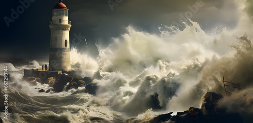 lighthouse getting hit my strong waves in the ocean