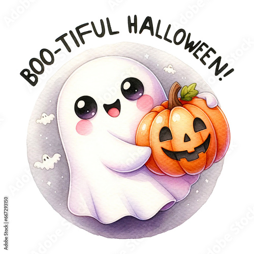 Adorable ghost hugging a carved pumpkin with the message Boo-tiful Halloween photo