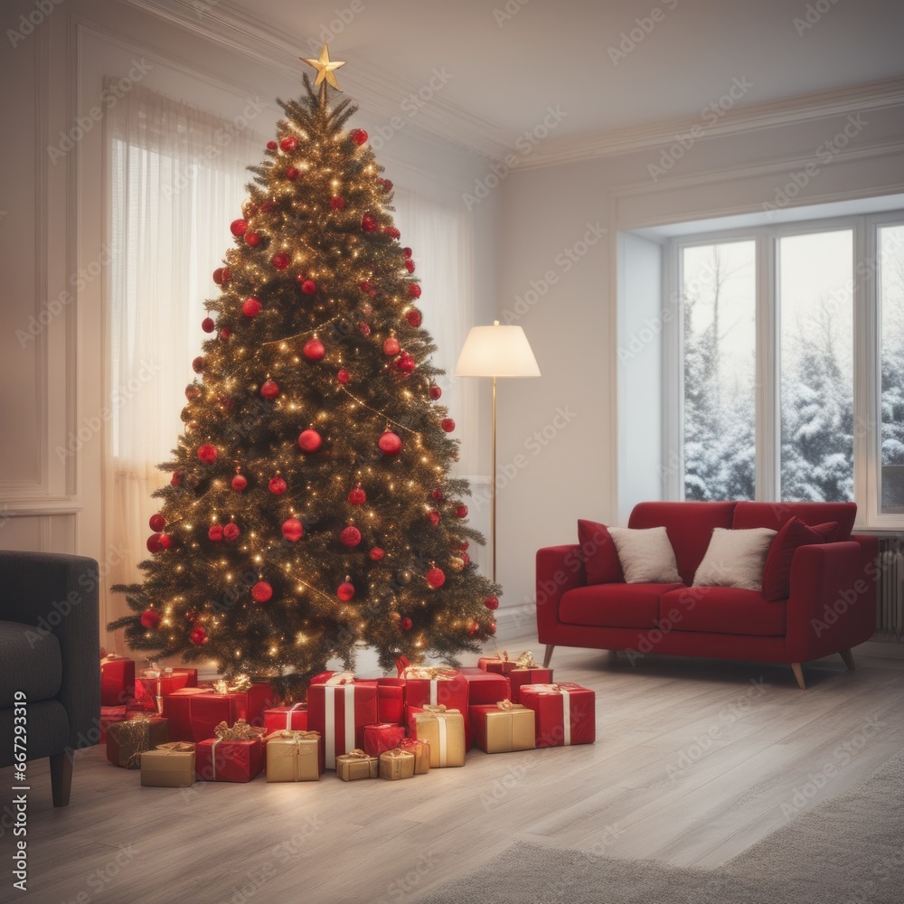 A cozy, luxurious, and modern living room interior with gift boxes under a decorated Christmas tree A cozy, luxurious, and modern living room interior with gift boxes under a decorated Christmas tree