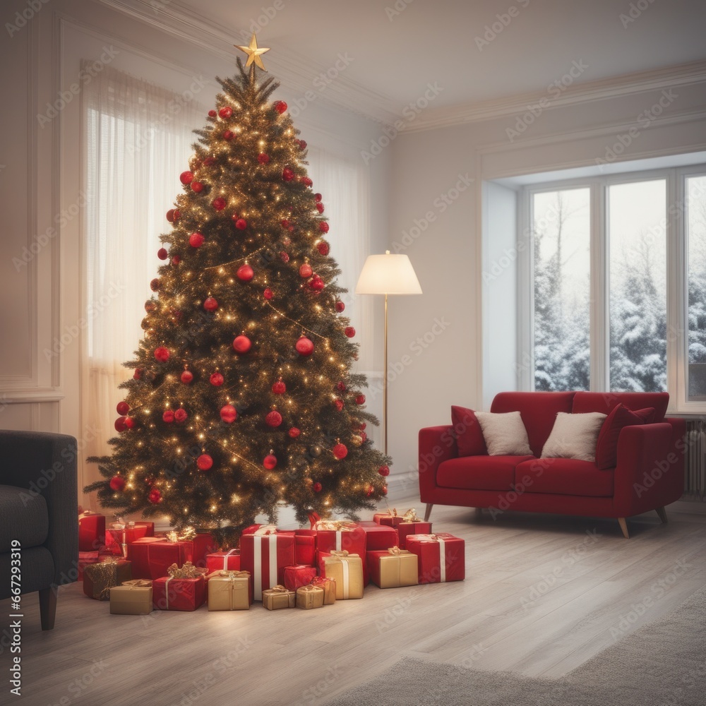 A cozy, luxurious, and modern living room interior with gift boxes under a decorated Christmas tree