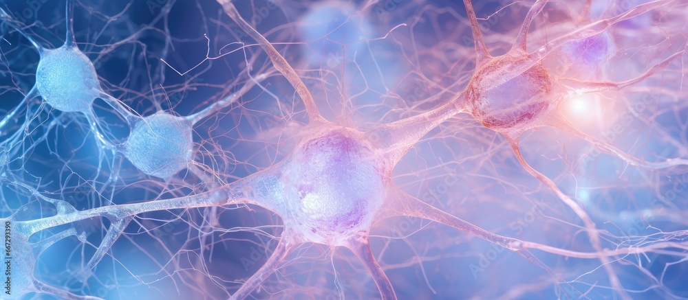 Microscopic image of human brain tissue displaying neurons and glial cells With copyspace for text Microscopic image of human brain tissue displaying neurons and glial cells With copyspace for text