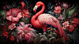 Dekoracja przedstawiająca flaminga wśród egzotycznych kwiatów 