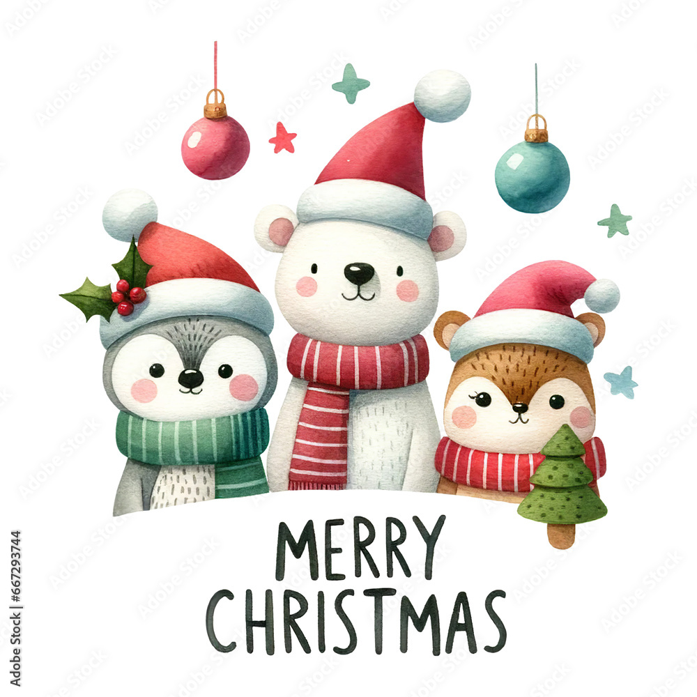 Three festive animals, a polar bear, squirrel, dressed in winter clothing, surrounded by hanging ornaments, Merry Christmas is written below Three festive animals, a polar bear, squirrel, dressed in winter clothing, surrounded by hanging ornaments, Merry Christmas is written below