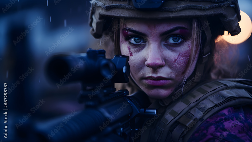 close-up of a female military army soldier with muddy face and intense gaze