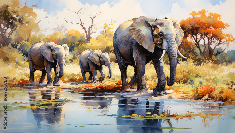 Rodzina słoni przemierzających afrykańską sawannę.  - obrazy, fototapety, plakaty 