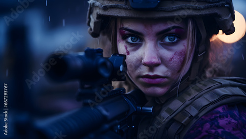 close-up of a female military army soldier with muddy face and intense gaze