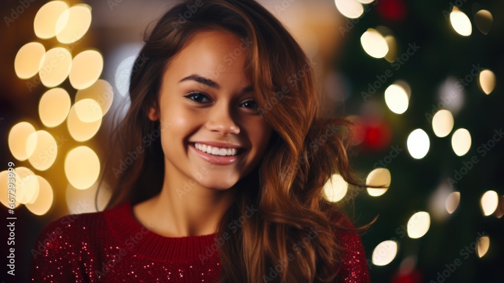 Festive Hairstyle for Holiday Cheer: Joyful Lady in Crimson Knit Attire amid Christmas Tree Backdrop, Yuletide Festivities, Outfit, Gathering,