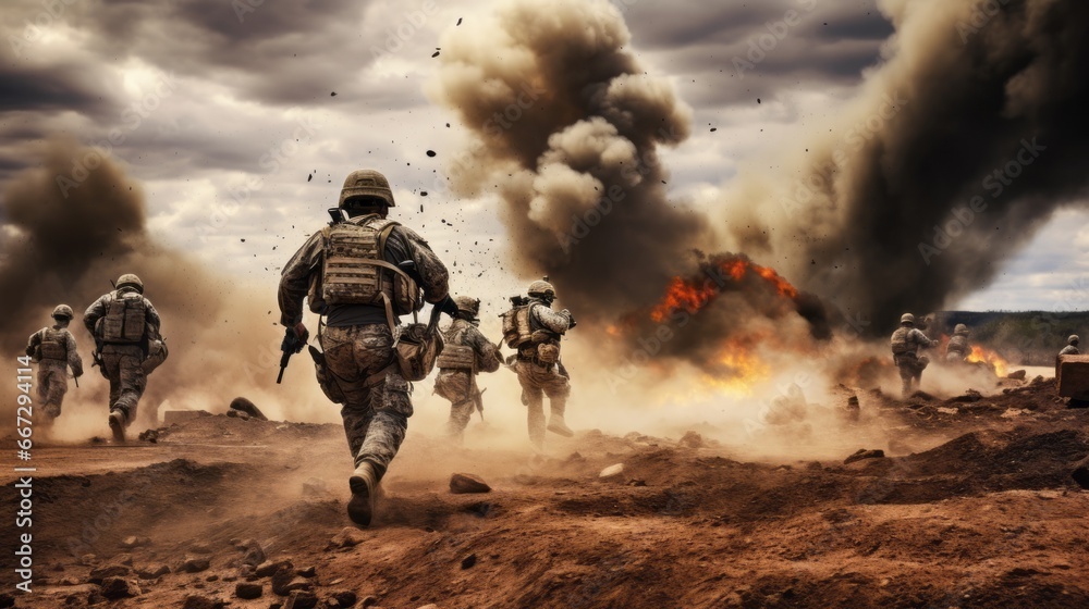 American soldiers running in battlefield American soldiers running in battlefield