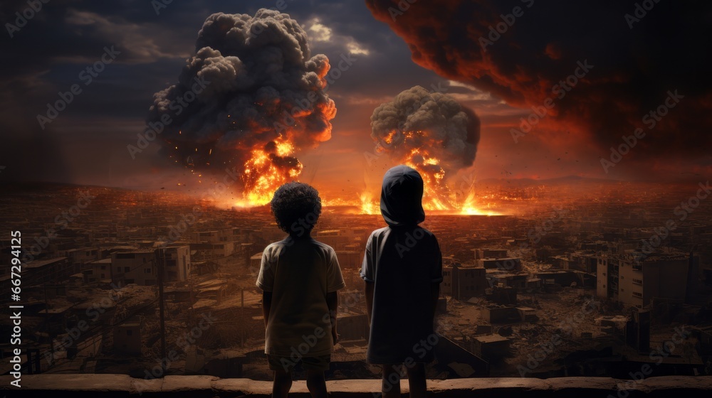 Fototapeta premium Arab children watch explosions in a deserted city