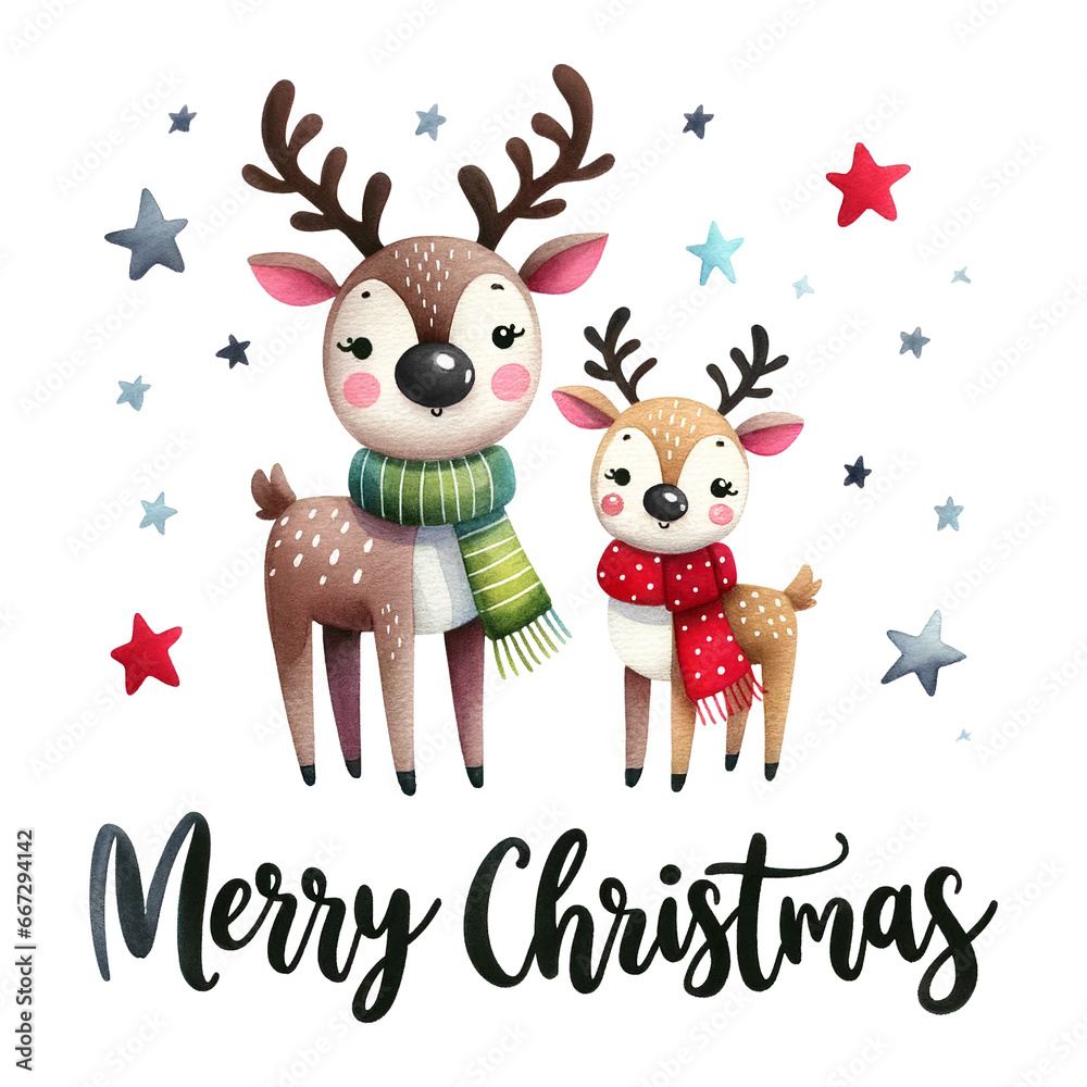 Fototapeta premium Two festive reindeers, one larger with a green scarf and the other smaller in a red scarf, stand amidst starry decorations, under the message Merry Christmas