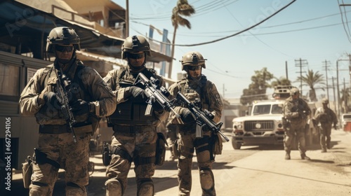 dozen delta force soldiers with rifles guarding