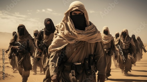 Arab terrorists in the desert in poor equipment