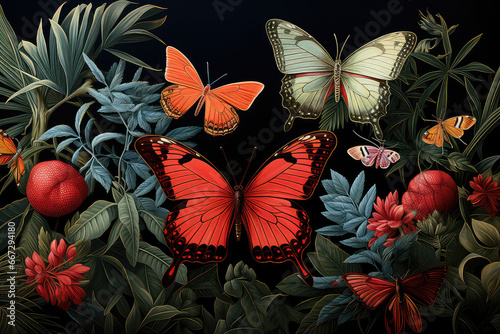 obraz ukazujacy kolorowe motyle na ciemnym tle w sód kwiatów