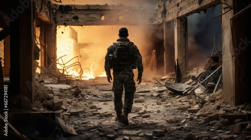 Arab military man walks through a destroyed house