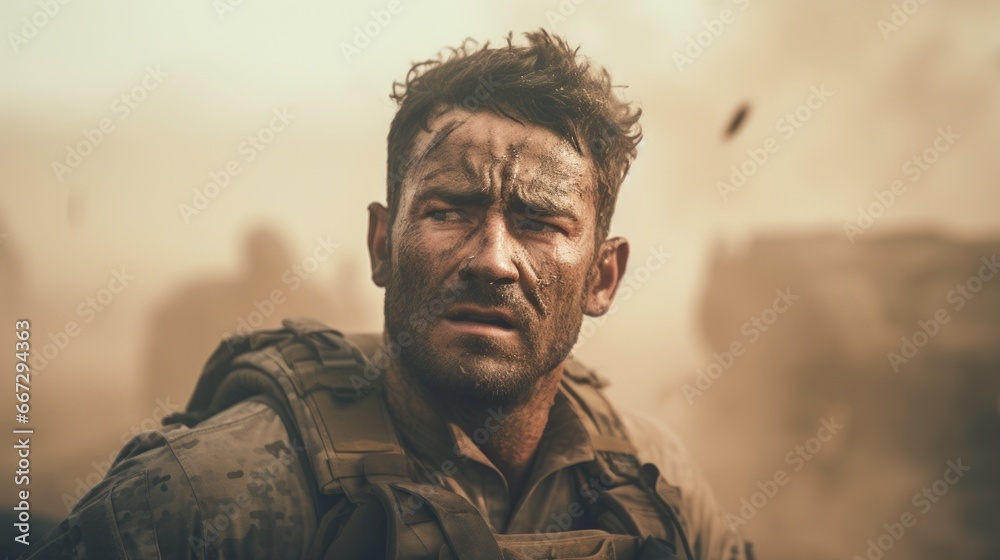 Fototapeta premium combat veteran in a sandstorm