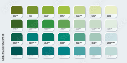 Green Color Guide Palette with Color Names. Catalog Samples Green with RGB HEX. Neomorphism Vector