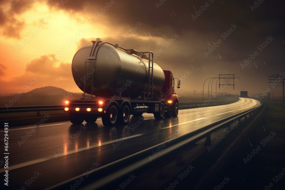 A speedy gasoline tanker truck hauling an oil trailer on a highway. Generative AI - obrazy, fototapety, plakaty 