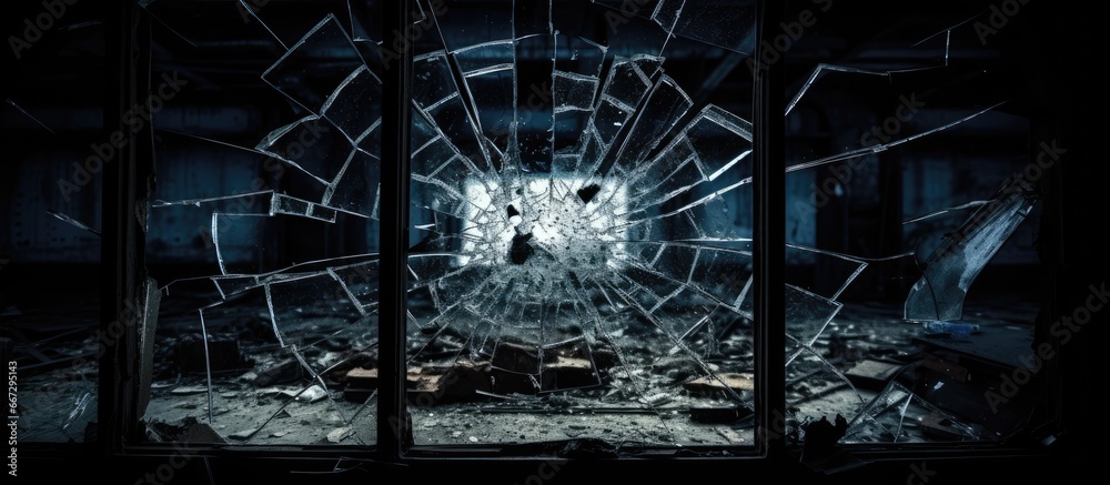 Obraz premium Broken glass in dark room of deserted building with open window in daylight