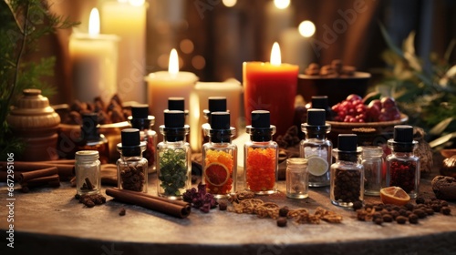 Christmas Aromatherapy: Bottles of Essential Oil Blend with Frankincense, Myrrh, Wintergreen, and Spices for a Festive Winter Holiday Season