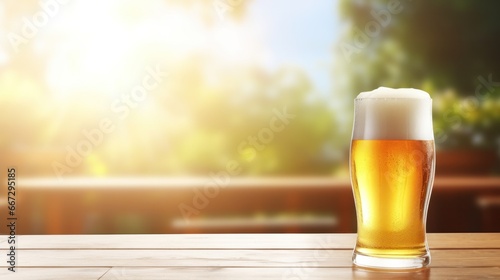 glass of beer on wooden table during sunrise