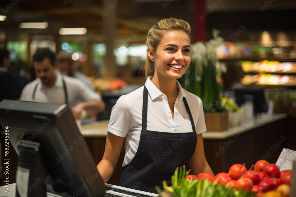 Beautiful young woman working at the counter of grocery shop. Pretty girl at the cash register. Employment options for young adults.