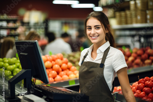 Beautiful young woman working at the counter of grocery shop. Pretty girl at the cash register. Employment options for young adults. photo