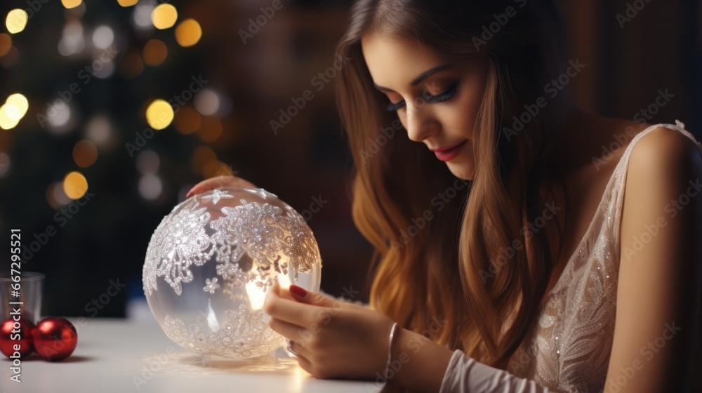 Naklejka premium Colorful Handmade Christmas Ornaments: Girl Decorating Sequin Balls with Crafty Creativity
