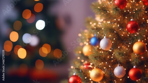 Colorful Christmas Decorations Illuminate Blurry Tree in Festive Night Background