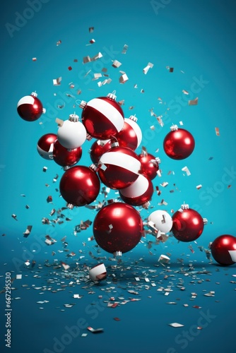 Contrasting Christmas: An Array of Whole and Broken Red Baubles on a Vibrant Blue Background - Symbolic Ornament Design