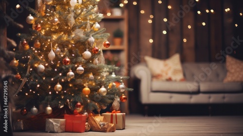 Cozy Christmas Eve Celebration with Friends by Beautiful Rustic Christmas Tree Illuminated by Candlelight