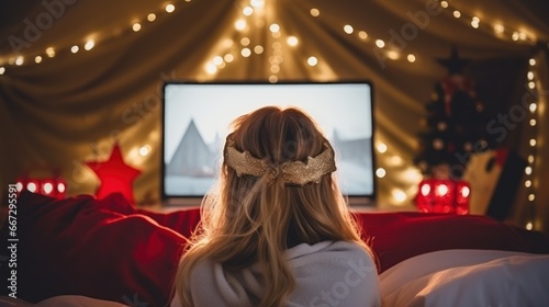 Cozy Christmas Movie Night: Blonde Woman with Red Bow in Solo Camping Bed Watching Holiday Films on Laptop with Glowing Lights Garland photo