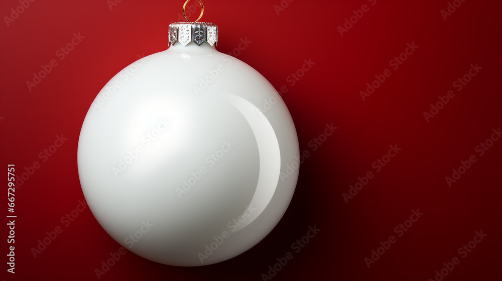White Christmas bauble close up shot against red background White Christmas bauble close up shot against red background