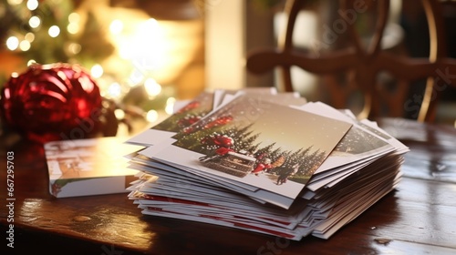 Decking the Halls with Christmas Cheer: Stack of Festive Greeting Cards and Pen on Country Kitchen Table
