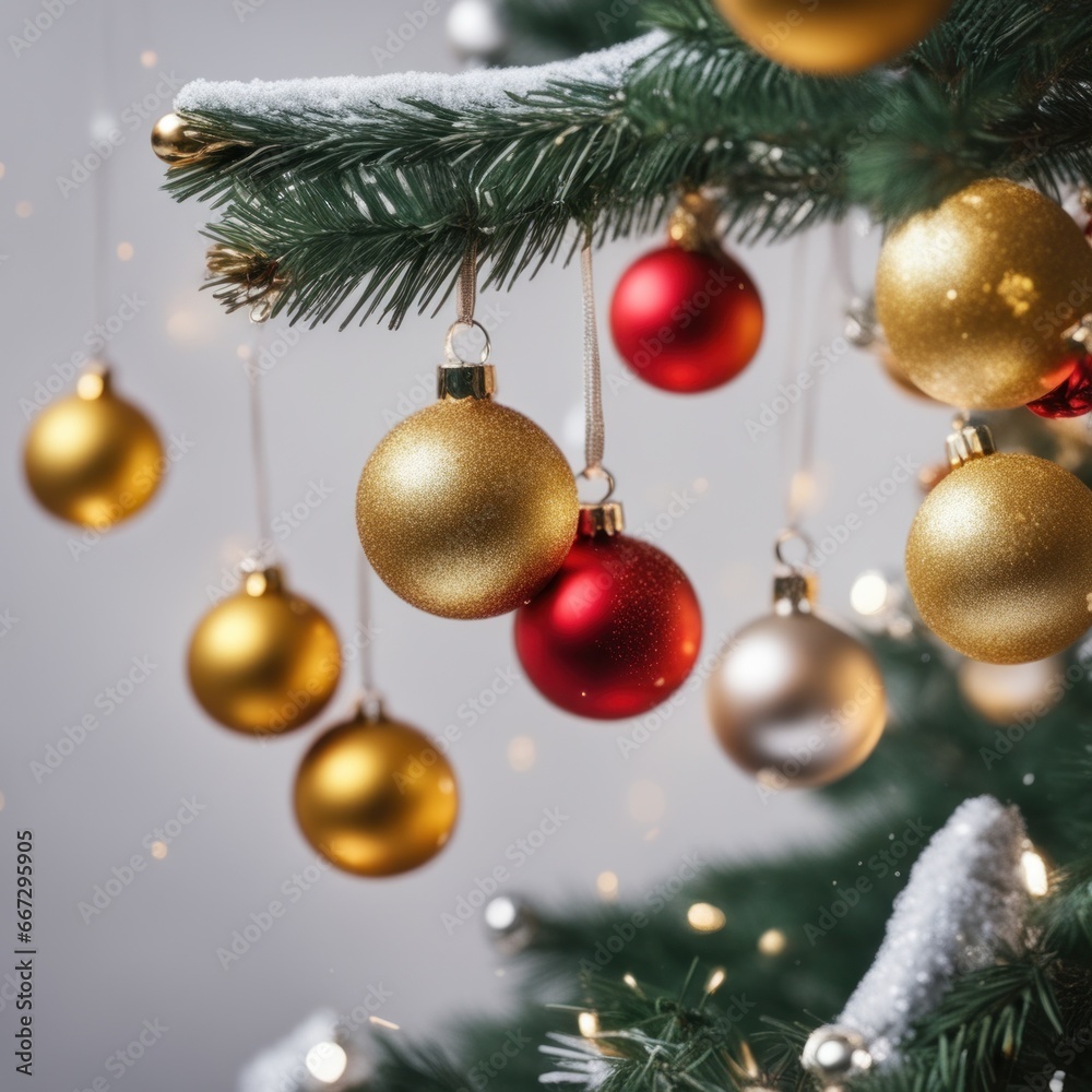 Close-UP of Christmas Tree, Red and Golden Ornaments against a Defocused Lights Background Close-UP of Christmas Tree, Red and Golden Ornaments against a Defocused Lights Background