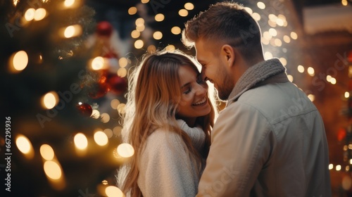 Outdoor Christmas Photo: A heartwarming shot of a delightful duo reveling in a cozy Yuletide night, surrounded by twinkling string lights and