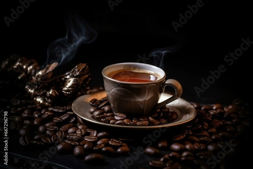 an aromatic cup of java with roasted beans. Generative AI
