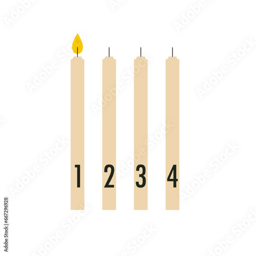 Four Advent candles with numbers. One candle lit for first Sunday before Christmas. Advent season vector illustration. Flat trendy abstract style, isolated. Scandinavian design.