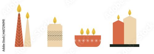 Various Candles. Different shapes and sizes. Collection of modern Xmas candles made of soy and wax. Decorative wax candles for Christmas, vector illustration. Flat trendy abstract style, isolated.