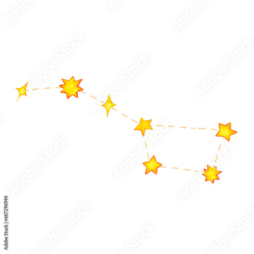 Watercolor Big dipper constellation. Yellow stars. Hand drawn illustration isolated on white.