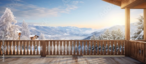 Wooden balcony with winter landscape views in a country house photo