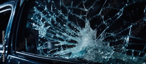 Car window was broken by thieves to steal items inside leaving shattered glass on car seats photo
