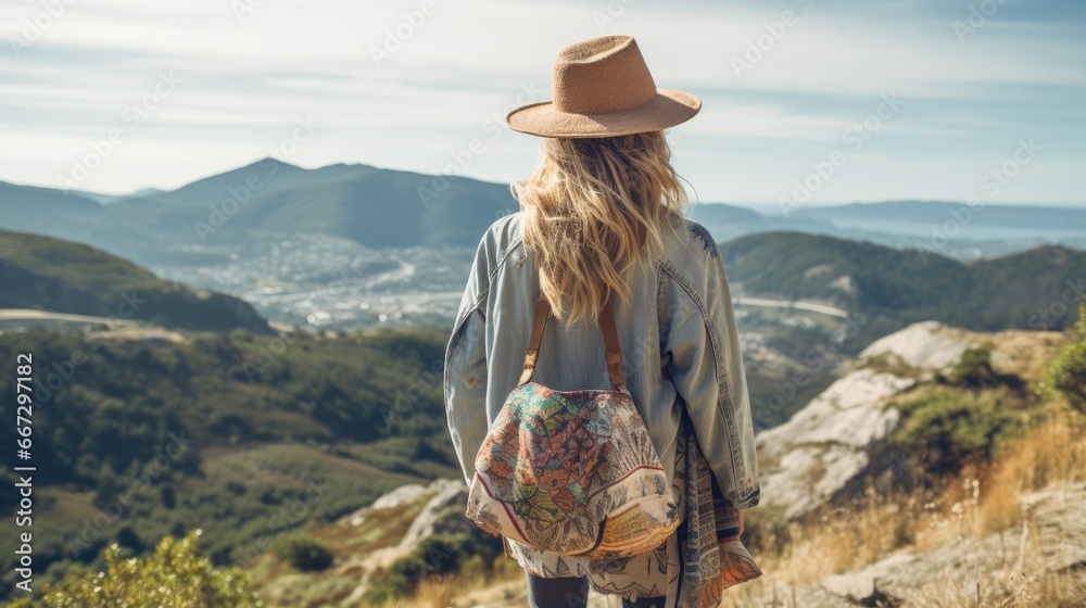 Young Hippie girl taking a walk on top of a mountain