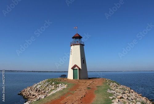 Oklahoma City, Oklahoma, USA; October 23 2023: Lake Hefner the Lighthouse at East Wharf constructed in 1999.