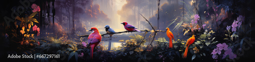 Tropikalny krajobraz przedstawiający dwa ptaki siedzące na kwitnących gałęziach tropikalnego lasu 